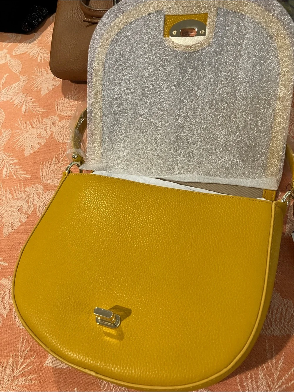 Talbots Mustard Yellow Pebbled Leather Crossbody Saddle Bag